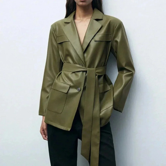 Army Green Elegant Women's Front Button Pocket Belted Long Sleeve Blazer Jacket - Picture 1 of 8